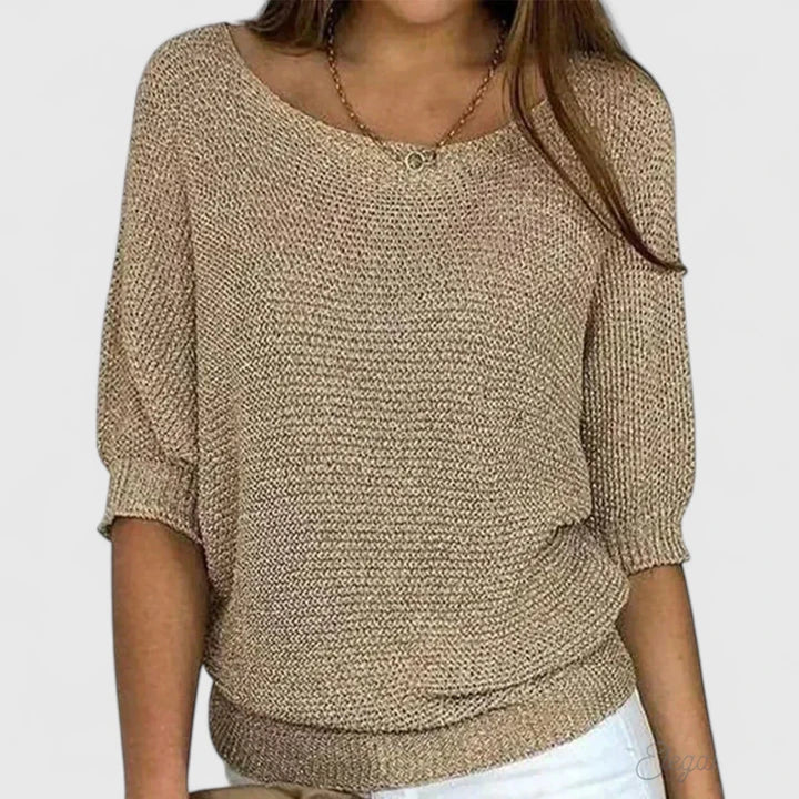 Delphine relaxed batwing knit sweater in beige, front view