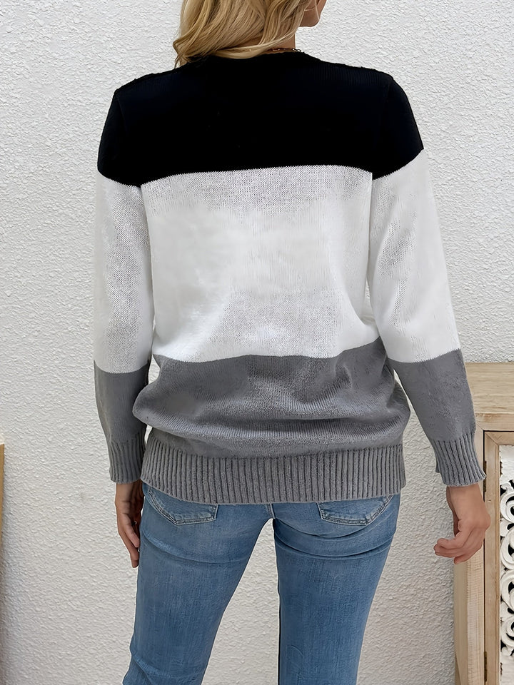 Delphine pink colorblock cable knit cardigan, back view