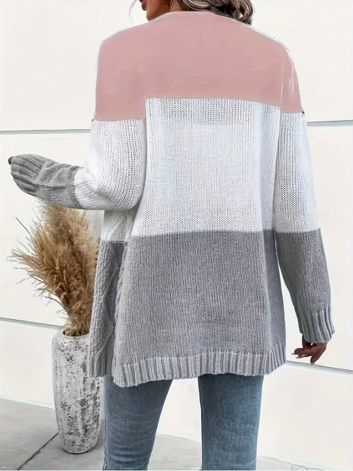 Delphine colorblock cable knit cardigan, front view close-up buttons