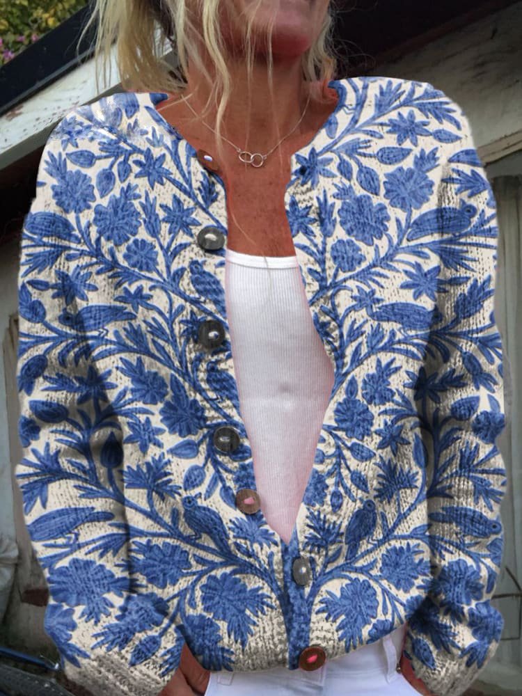 Delphine blue floral print button-front cardigan, front view