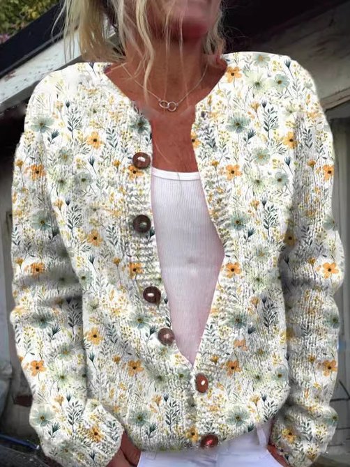 Delphine yellow floral print button-front cardigan, front view