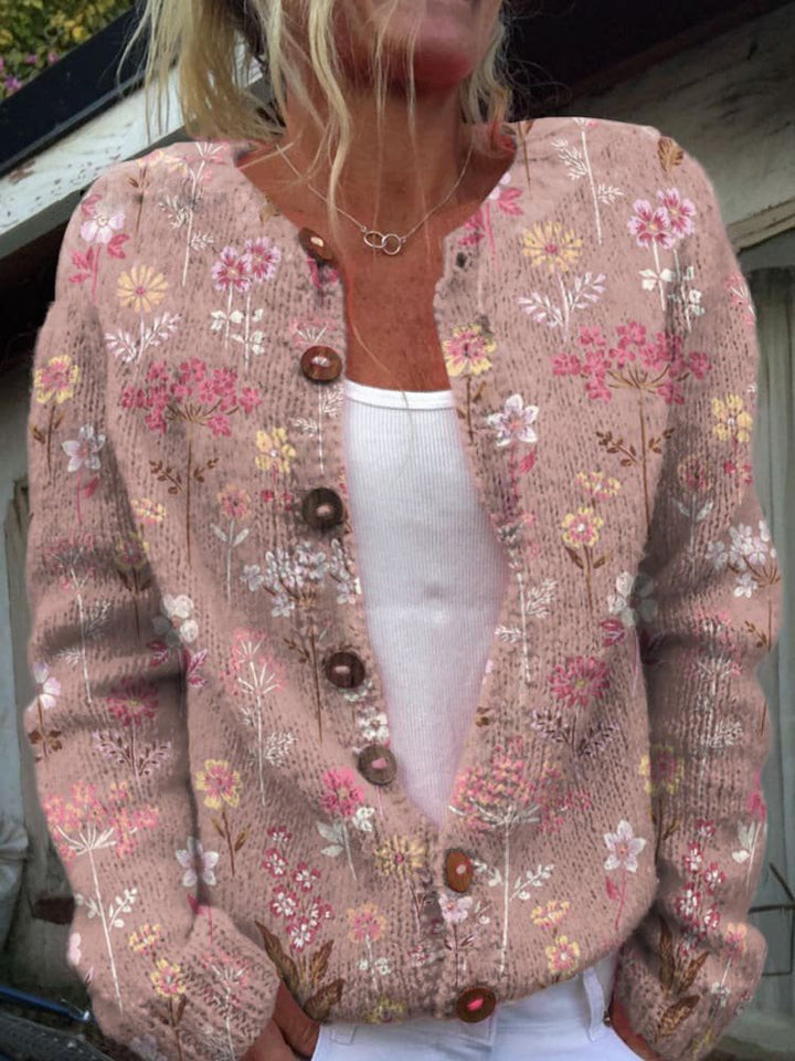 Delphine pink floral print button-front cardigan, front view