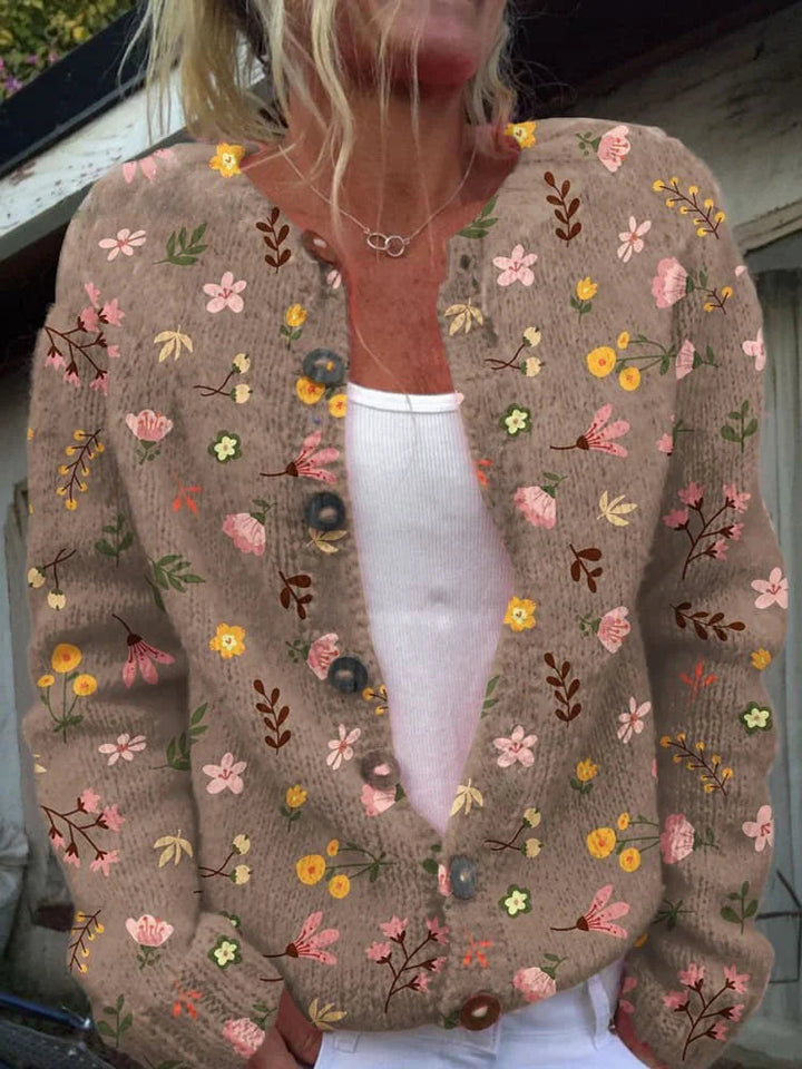 Delphine brown floral print button-front cardigan, front view