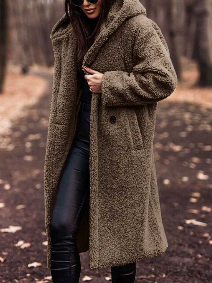Delphine khaki hooded teddy coat, front view
