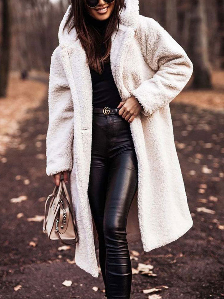 Delphine ivory hooded teddy coat, front view with handbag