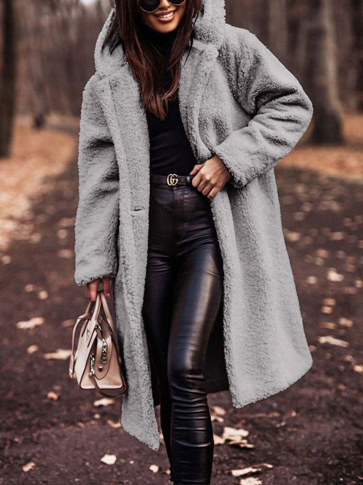 Delphine gray hooded teddy coat, front view with handbag