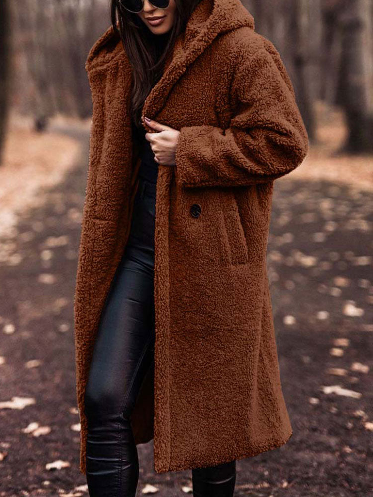 Delphine brown hooded teddy coat, close-up front view