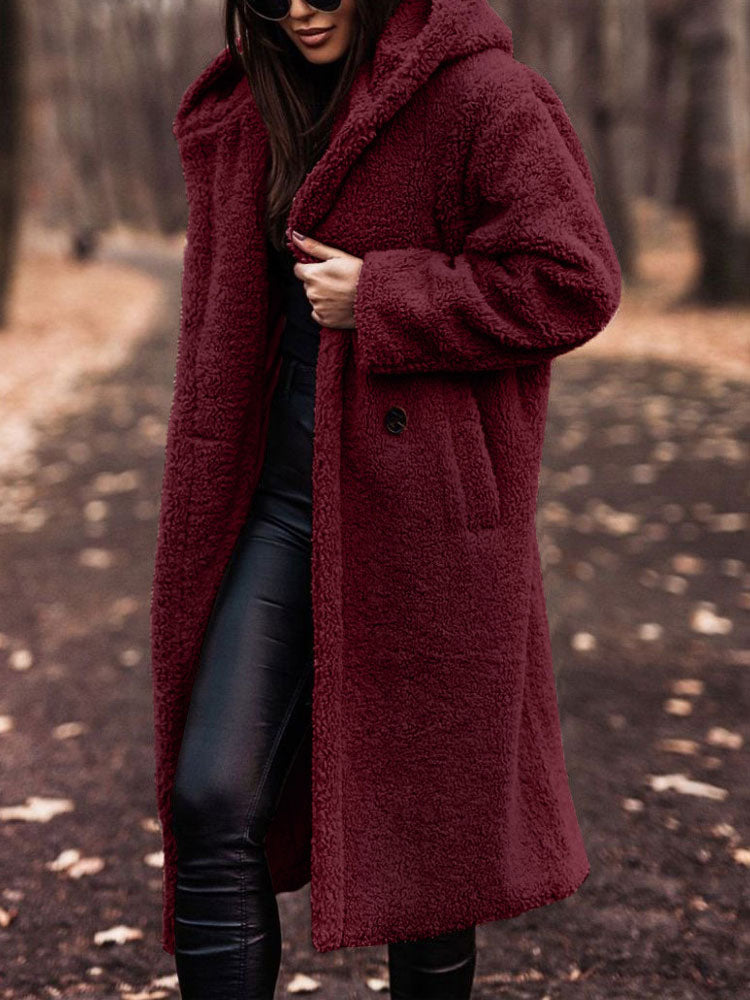 Delphine burgundy hooded teddy coat, front view