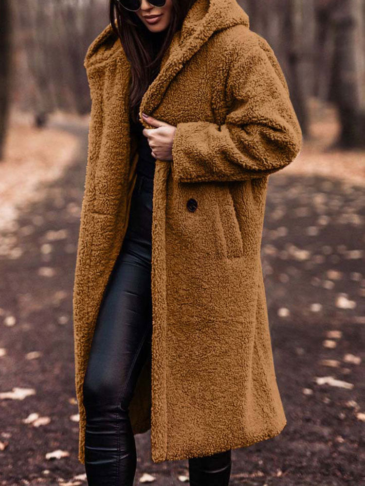 Delphine camel hooded teddy coat, front view