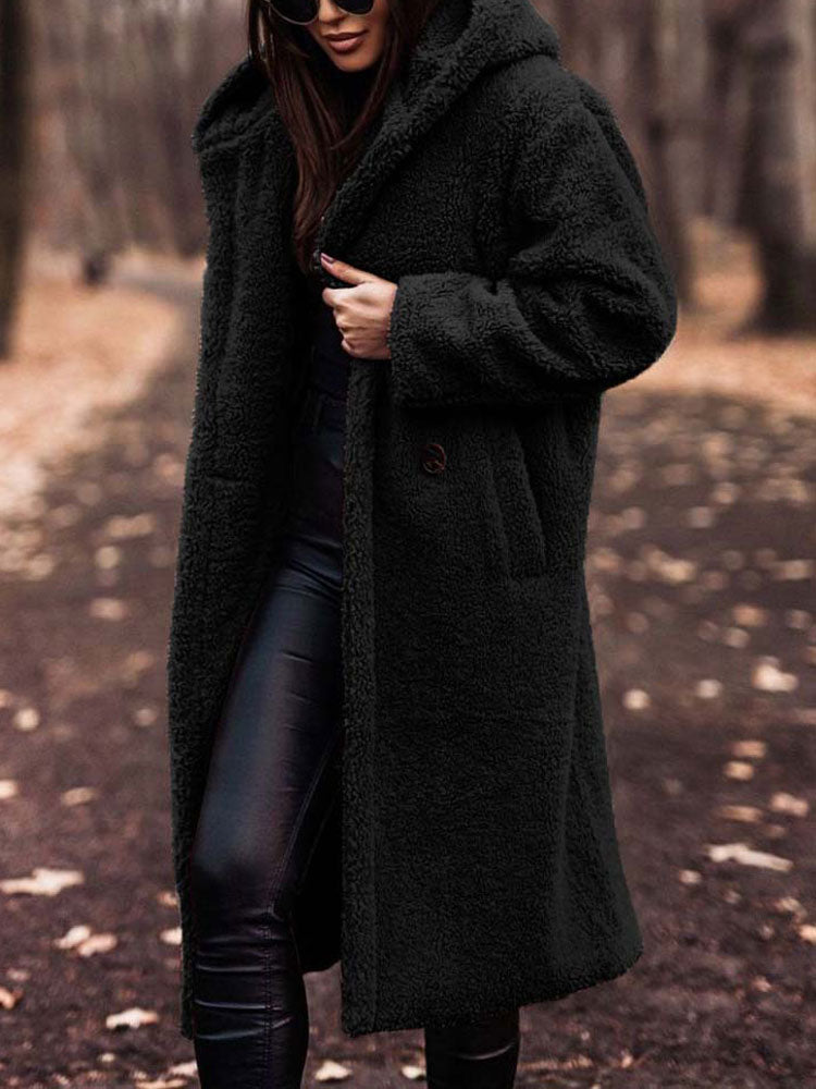 Delphine black hooded teddy coat, front view