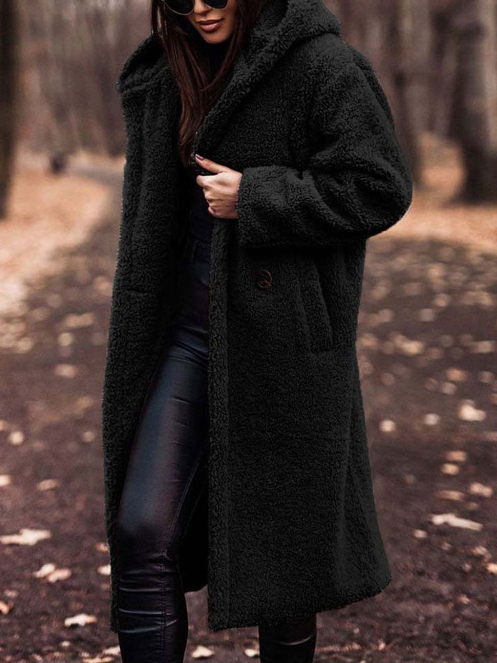 Delphine black hooded teddy coat, front view