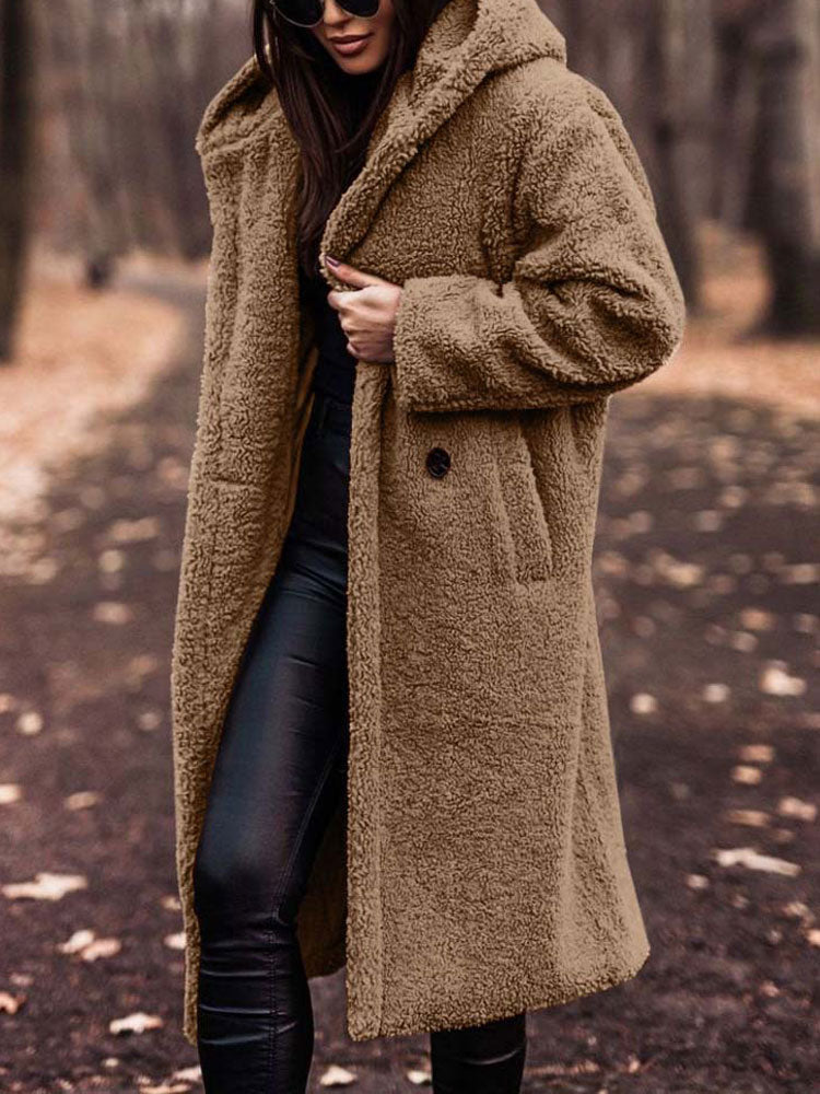 Delphine tan hooded teddy coat, front view