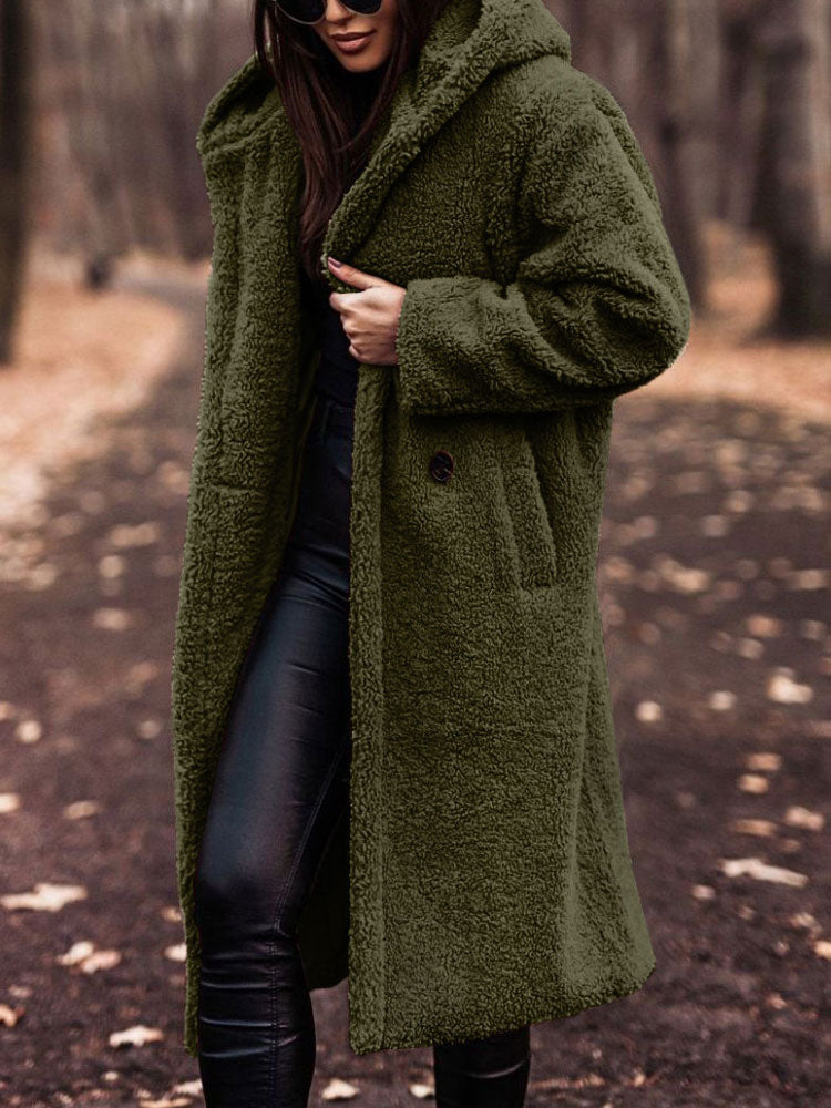 Delphine olive green hooded teddy coat, front view