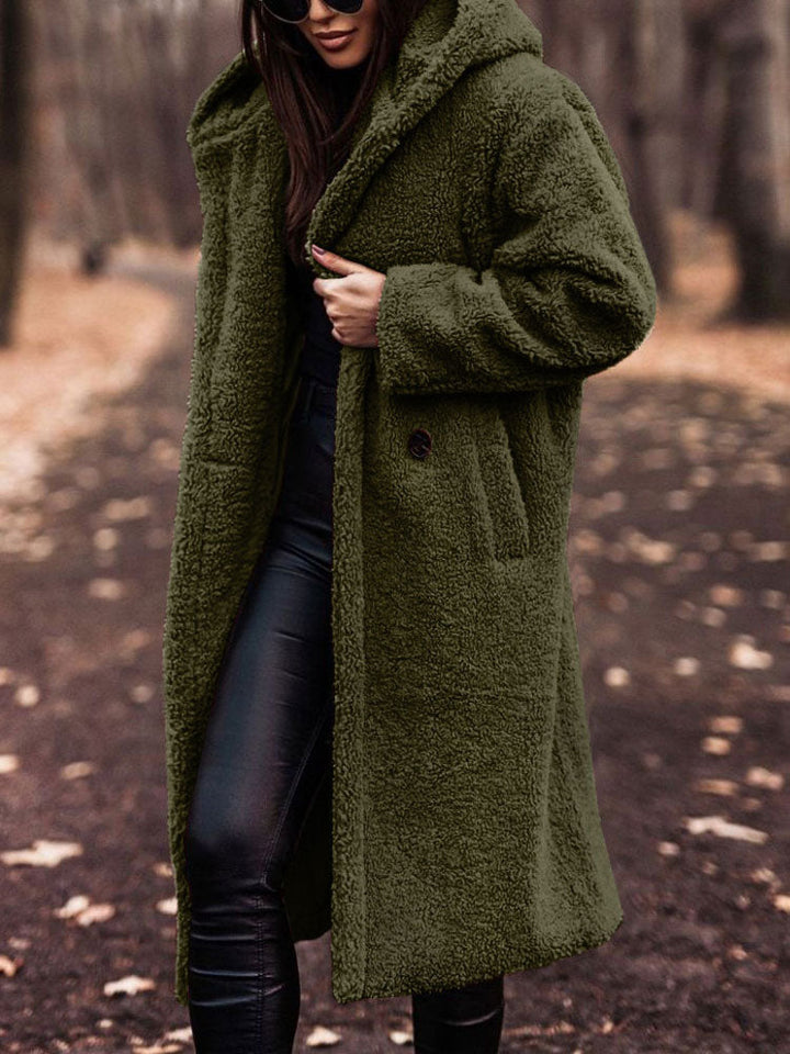 Delphine olive green hooded teddy coat, front view