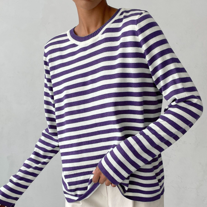 Delphine striped crew neck sweatshirt in purple and white, front view
