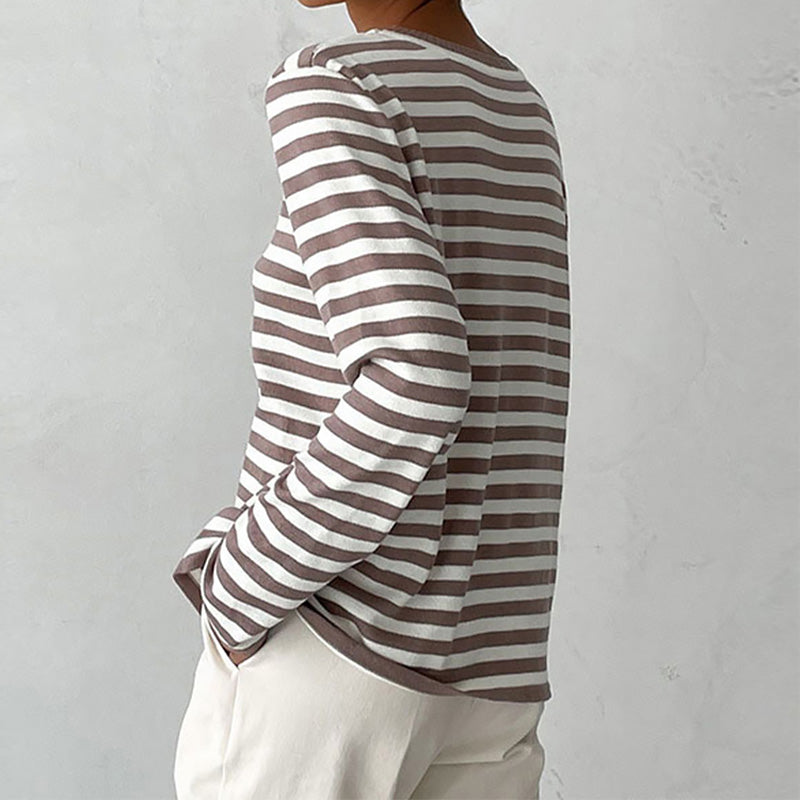 Delphine striped crew neck sweatshirt in taupe and white, back view