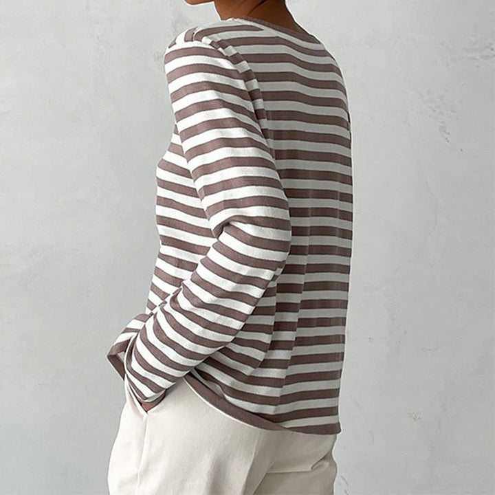 Delphine striped crew neck sweatshirt in taupe and white, back view