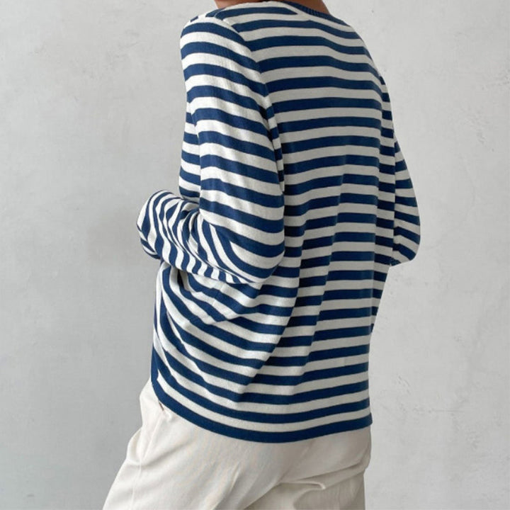Delphine striped crew neck sweatshirt in navy and white, back view