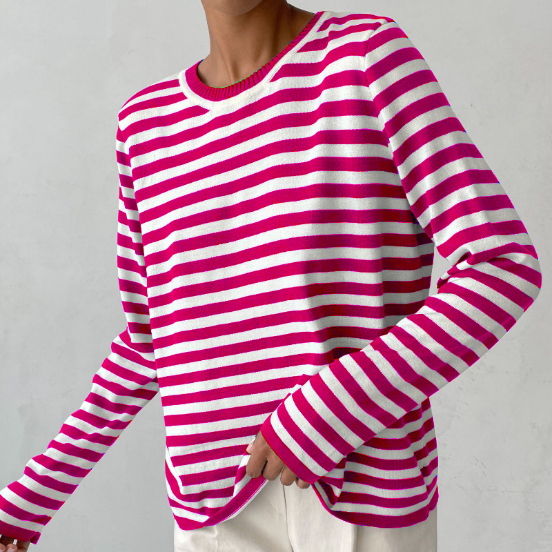 Delphine striped crew neck sweatshirt in pink and white, front view