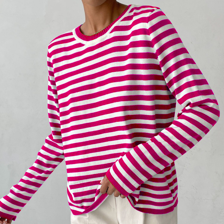 Delphine striped crew neck sweatshirt in pink and white, front view