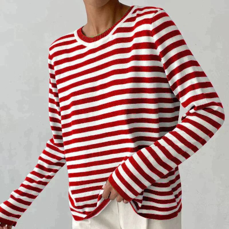 Delphine striped crew neck sweatshirt in red and white, front view