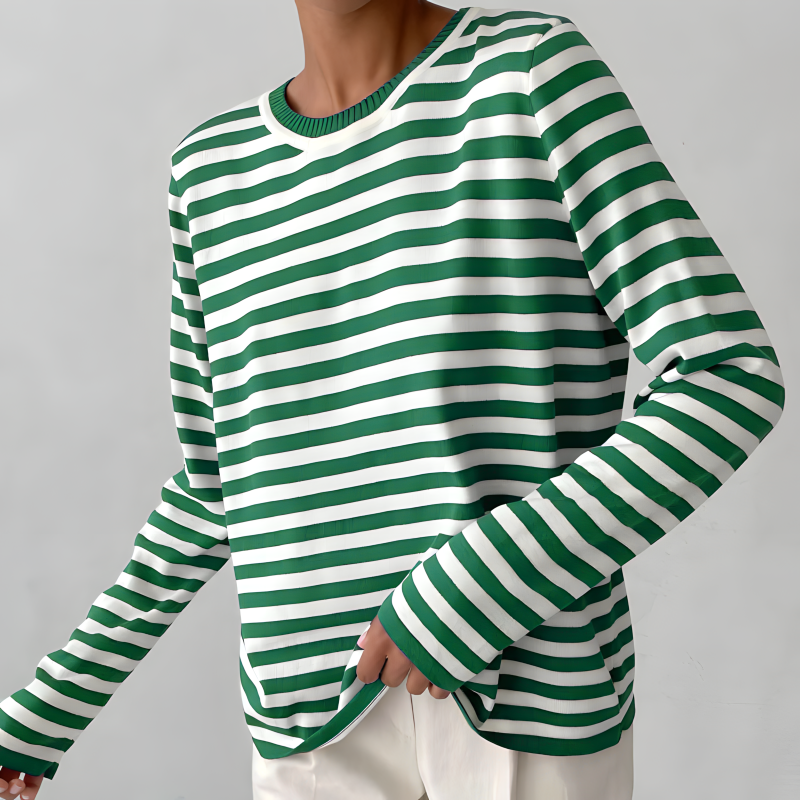 Delphine striped crew neck sweatshirt in green and white, front view
