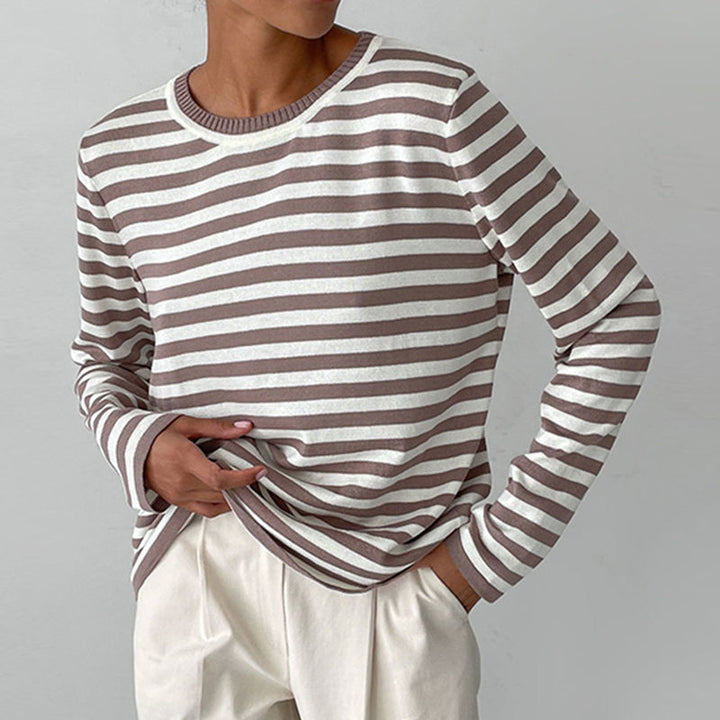 Delphine striped crew neck sweatshirt in taupe and white, front view