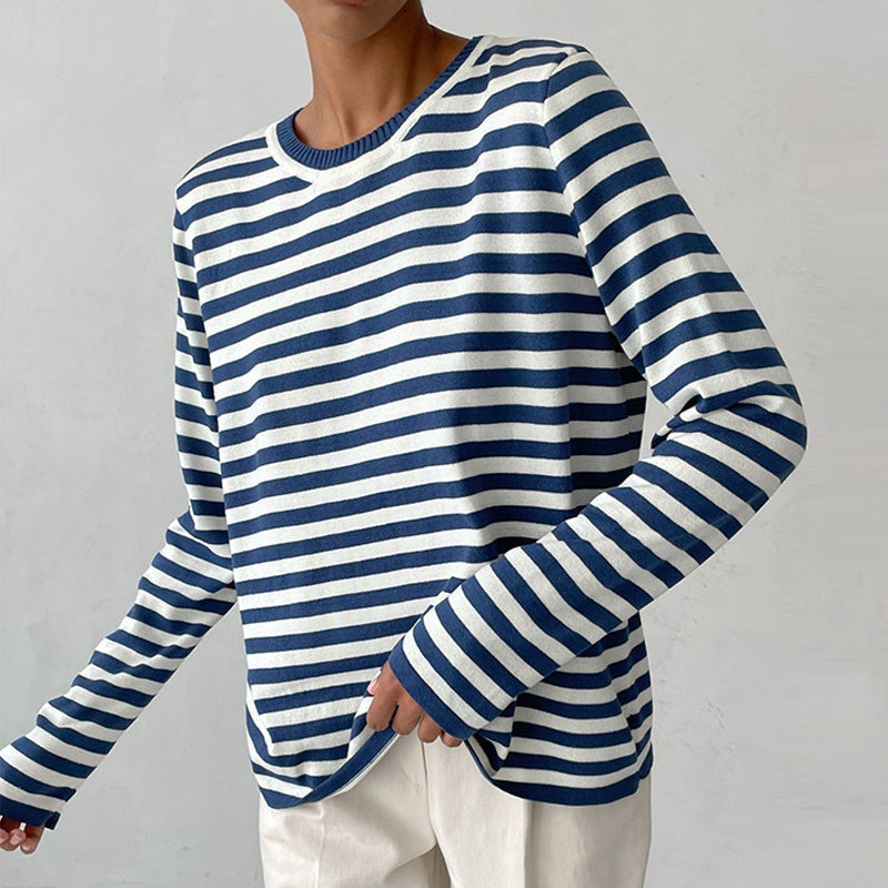 Delphine striped crew neck sweatshirt in navy and white, front view