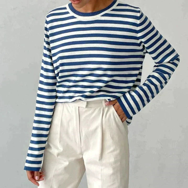 Delphine striped crew neck sweatshirt in navy and white, styled with trousers