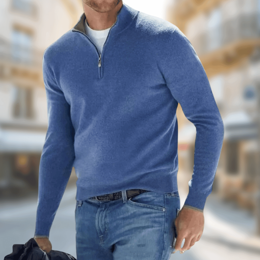 Desmond zip collar pullover sweater in blue, front view