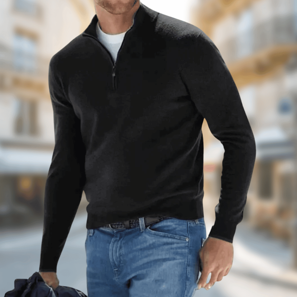 Desmond zip collar pullover sweater in black, front view