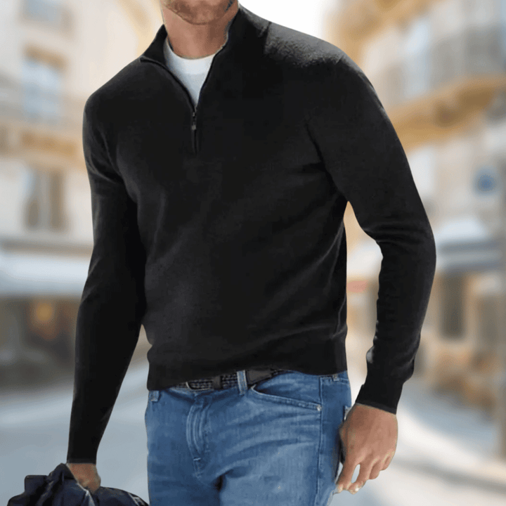 Desmond zip collar pullover sweater in black, front view