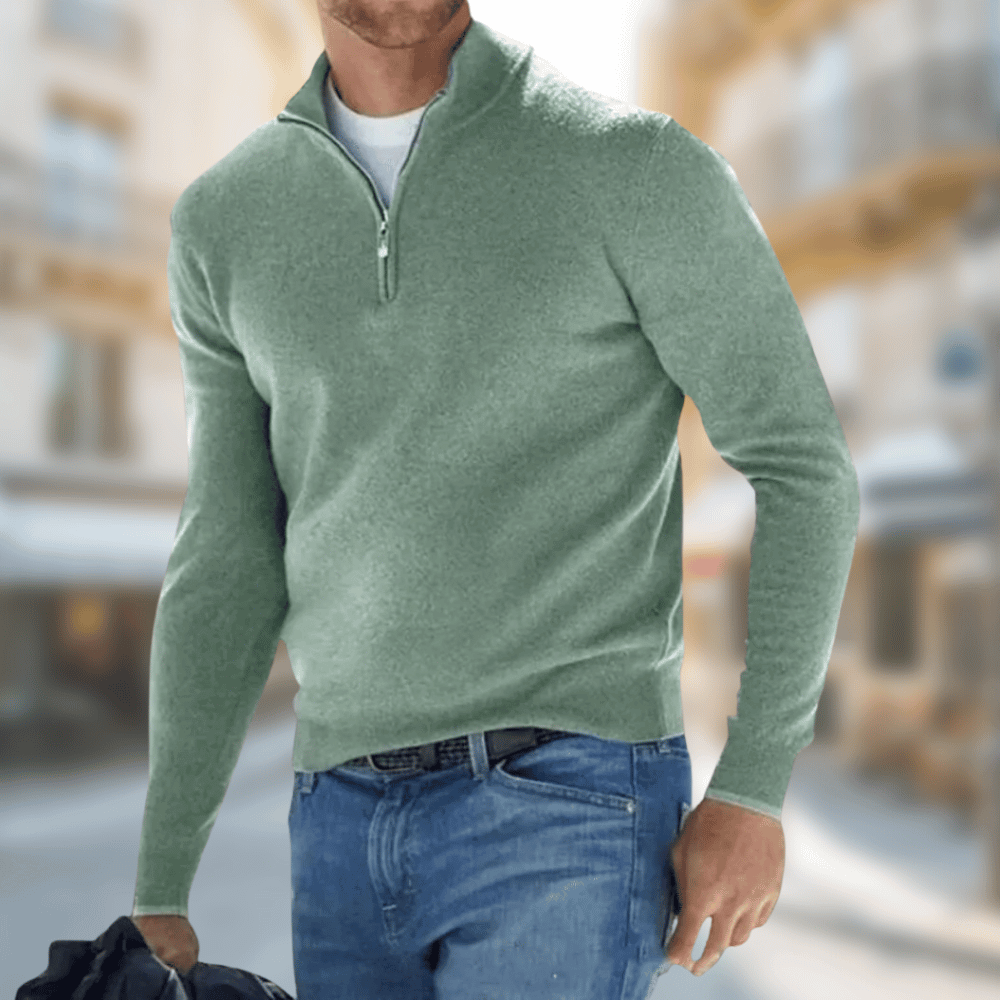 Desmond zip collar pullover sweater in green, front view