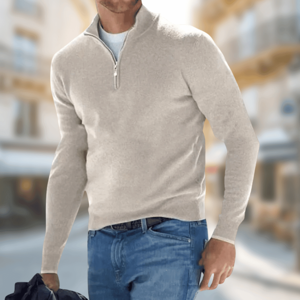 Desmond zip collar pullover sweater in beige, front view