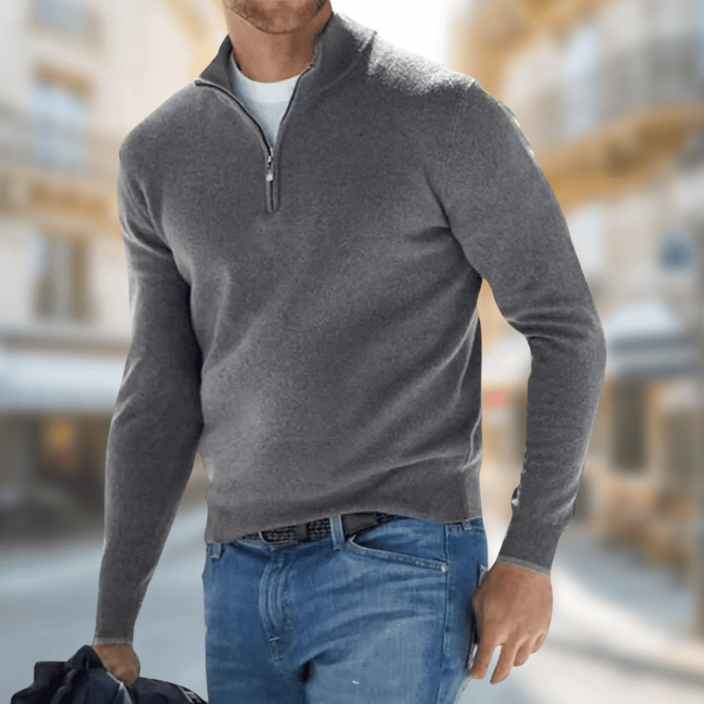 Desmond zip collar pullover sweater in beige, front view
