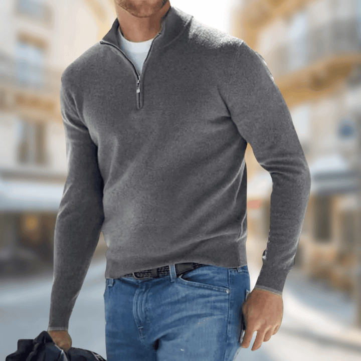 Desmond zip collar pullover sweater in beige, front view