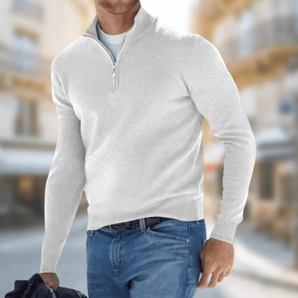 Desmond zip collar pullover sweater in beige, front view