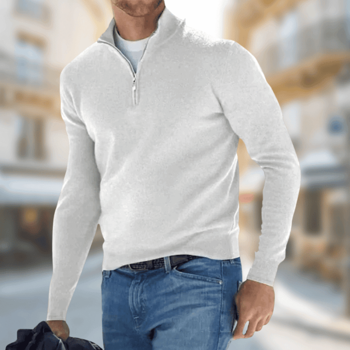 Desmond zip collar pullover sweater in beige, front view