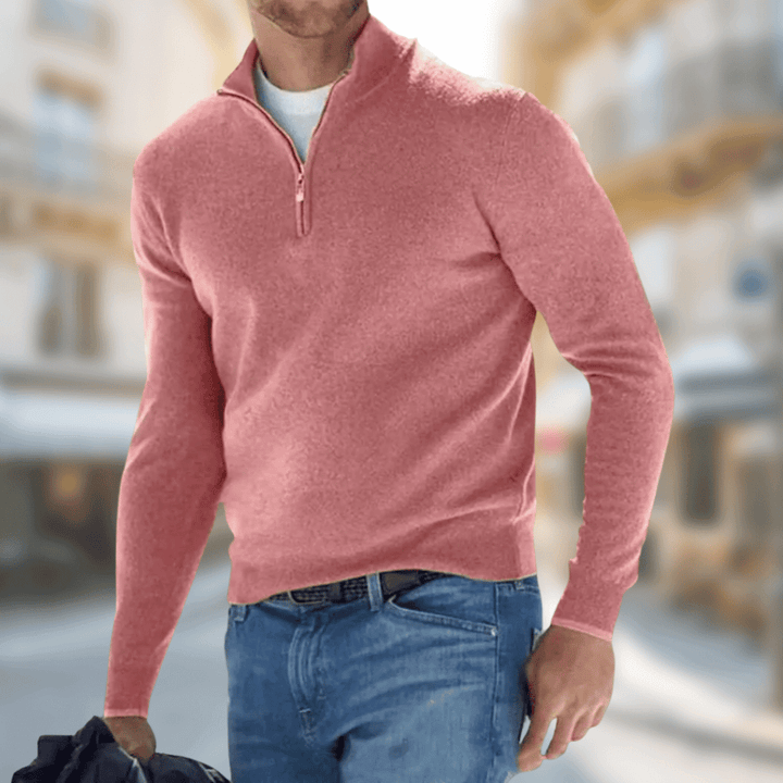 Desmond zip collar pullover sweater in beige, front view