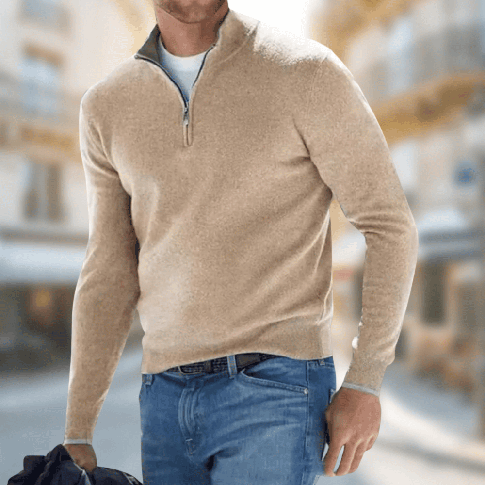 Desmond zip collar pullover sweater in beige, front view
