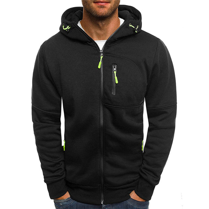 Desmond black zip-up hoodie, front view with hood up