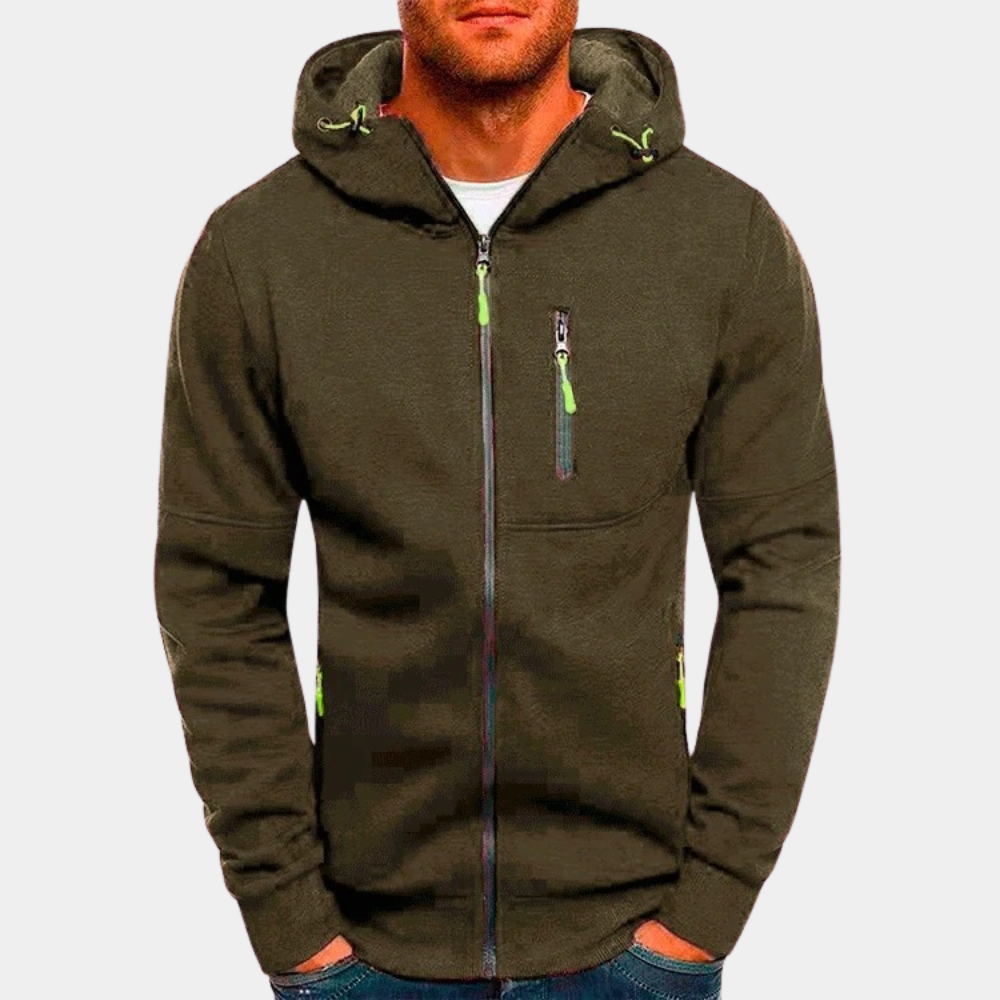 Desmond olive green zip-up hoodie, front view