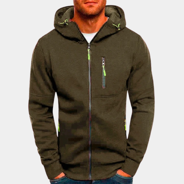 Desmond olive green zip-up hoodie, front view