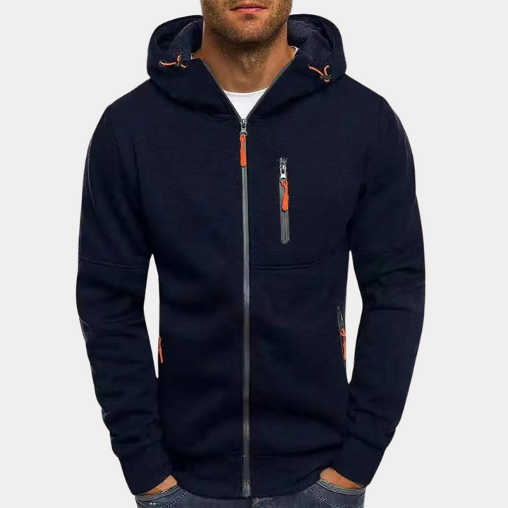 Desmond navy blue zip-up hoodie, front view