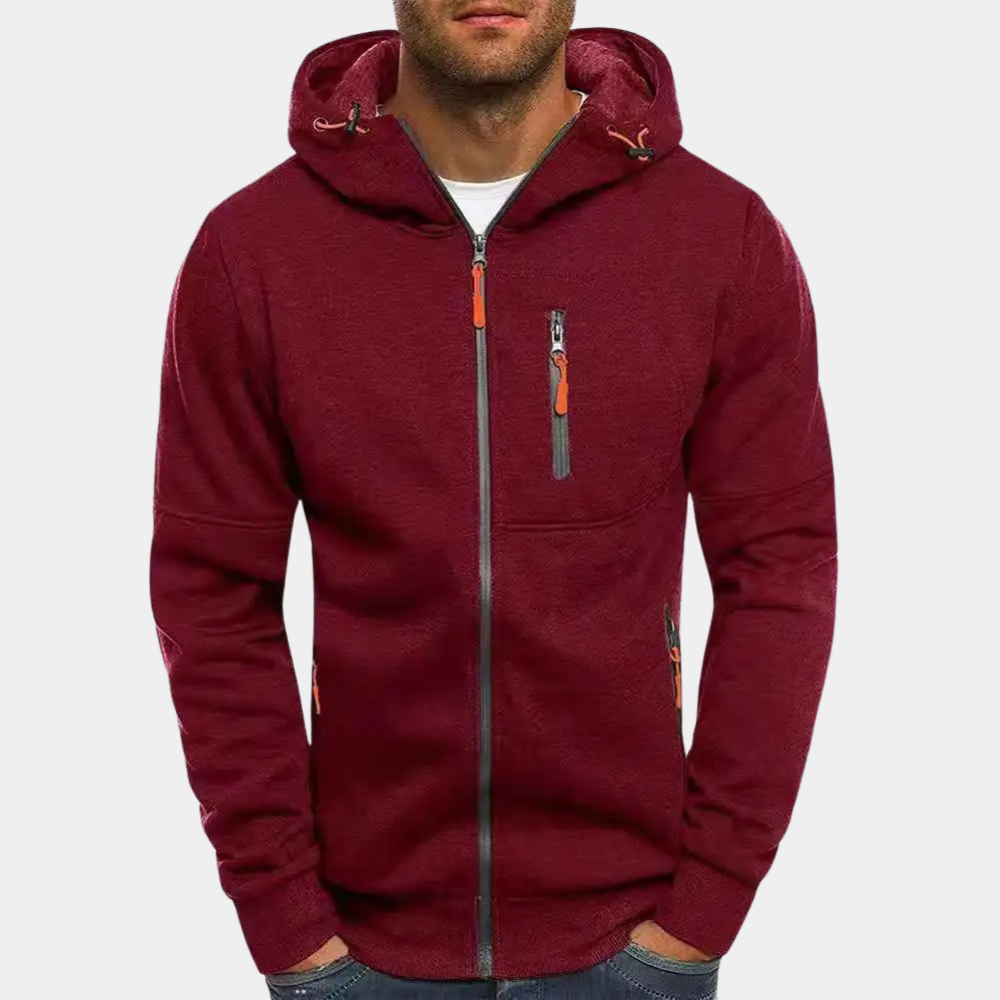 Desmond red zip-up hoodie, front view