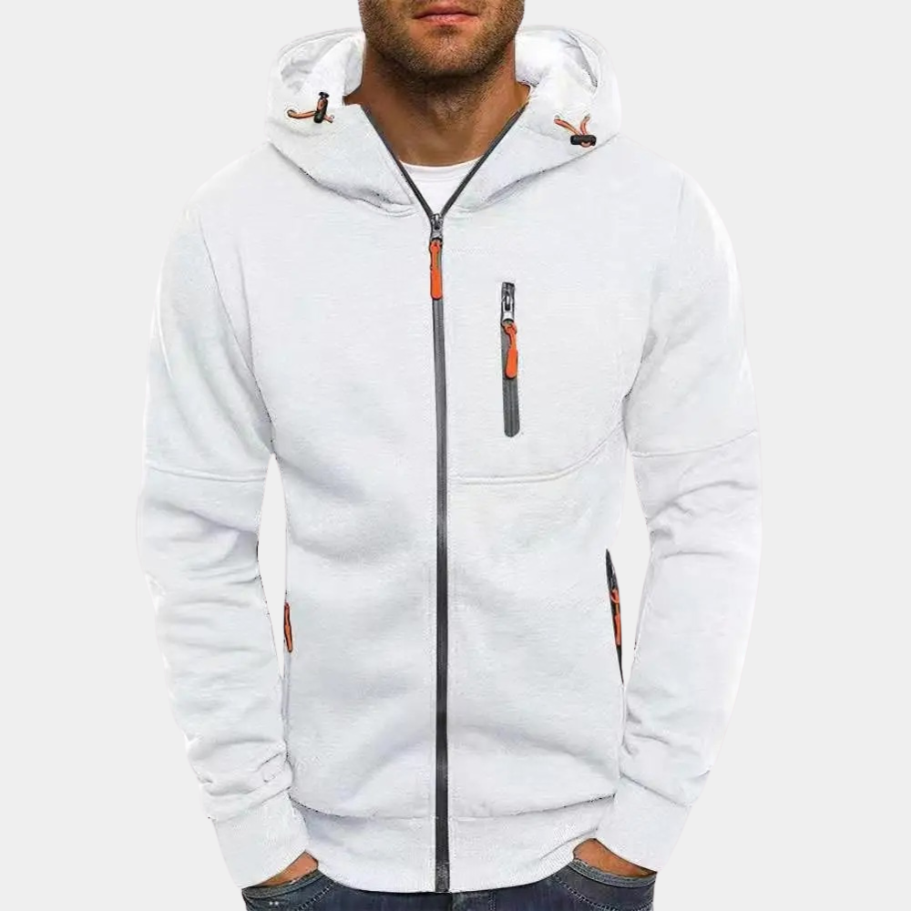 Desmond white zip-up hoodie, front view