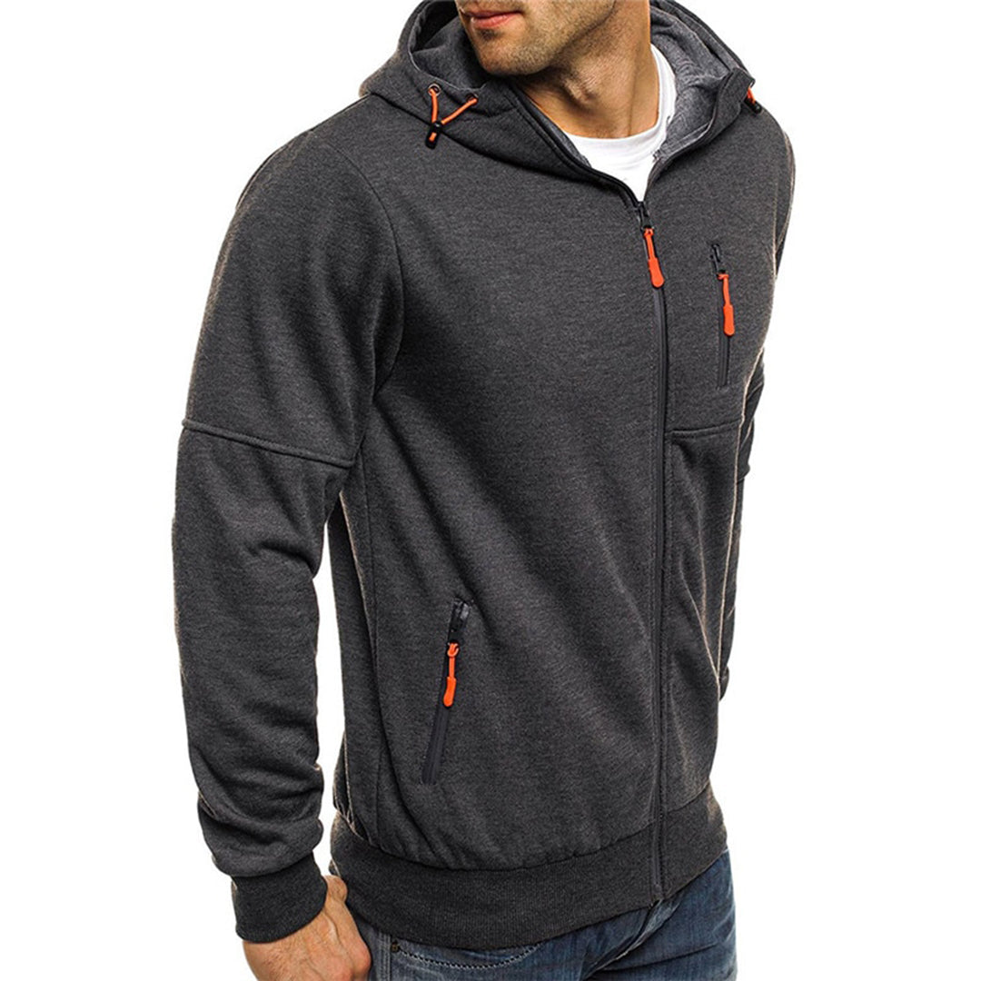 Desmond dark gray zip-up hoodie, angled side view