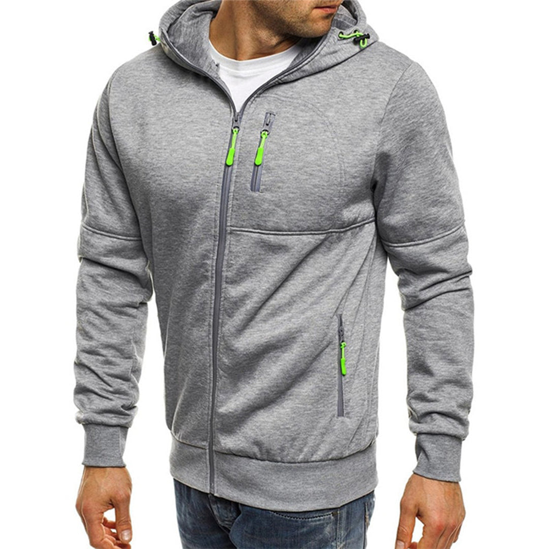 Desmond light gray zip-up hoodie, front view