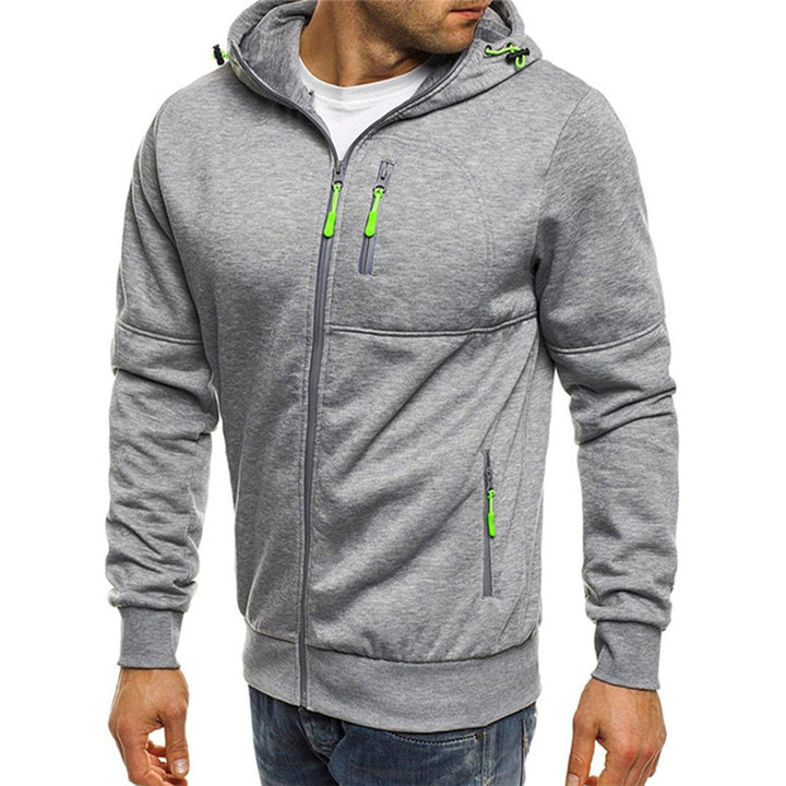 Desmond light gray zip-up hoodie, front view