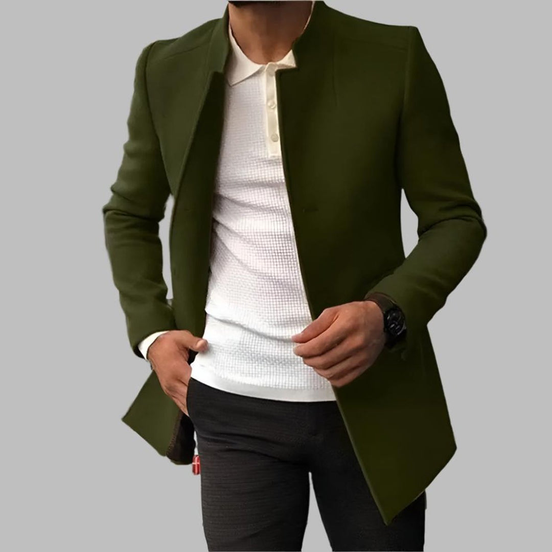Dominic slim fit stand collar wool coat in green, front view